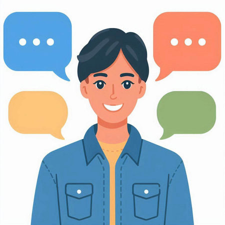 Young man with speech bubbles. Vector illustration in flat cartoon style.のイラスト素材