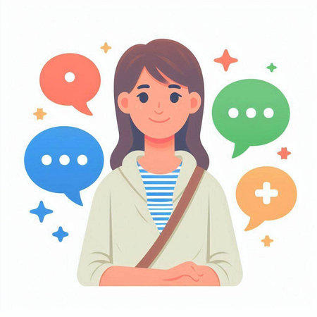 Young woman with speech bubbles. Vector illustration in flat cartoon style.のイラスト素材