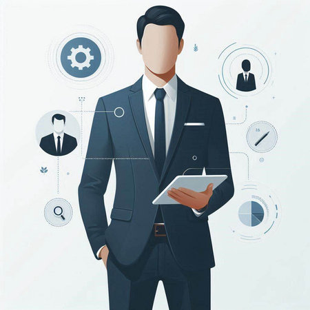 Businessman with tablet and icons. Business concept. Vector illustration.のイラスト素材