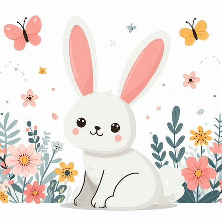 Cute cartoon bunny and flowers. Vector illustration for kids design.のイラスト素材