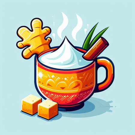 Cup of hot drink with cinnamon and ginger. Vector illustration.のイラスト素材