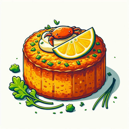 Illustration of a piece of cake with crab, lemon and greensのイラスト素材