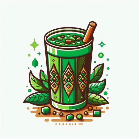 Iced green tea in a glass with a straw. Vector illustration.のイラスト素材