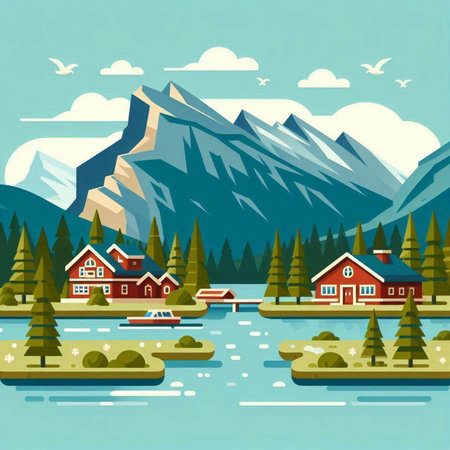 Mountain landscape with a lake and a wooden house. Vector illustrationのイラスト素材