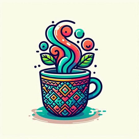Coffee cup with abstract floral pattern. Vector illustration in doodle style.のイラスト素材