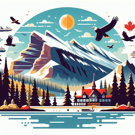 Winter landscape with mountains, forest and lake. Vector illustration in flat styleのイラスト素材