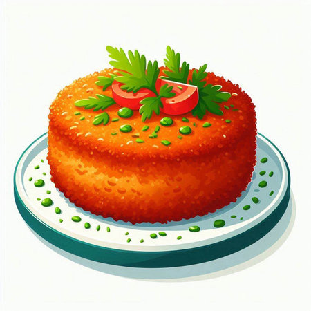 Illustration of a carrot cake with parsley and tomato on a white backgroundのイラスト素材