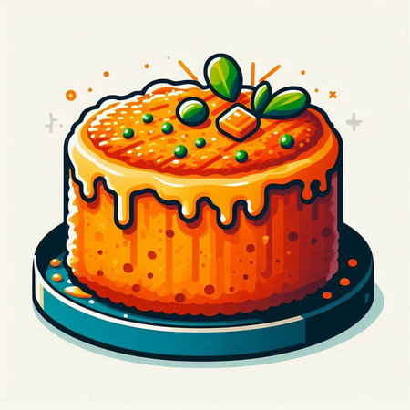 Illustration of orange cake with green leaves on top. Vector illustration.のイラスト素材