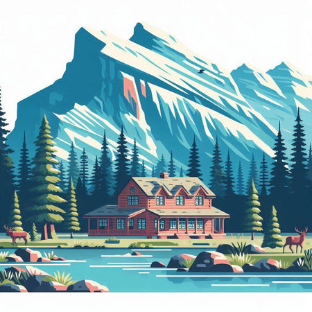 Mountains, forest and lake. Vector illustration in retro style.のイラスト素材