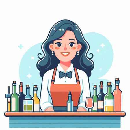 Girl bartender in apron standing at the bar counter. Vector illustrationのイラスト素材