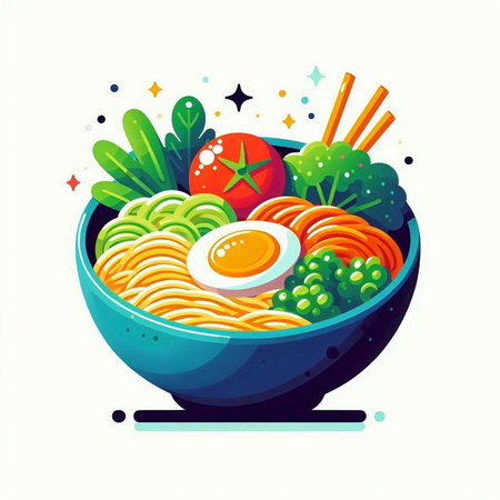 Bowl of noodle with egg and vegetables. Vector illustration.のイラスト素材