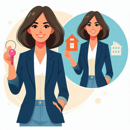 Real estate agent woman with keys and house in hand. Vector illustrationのイラスト素材