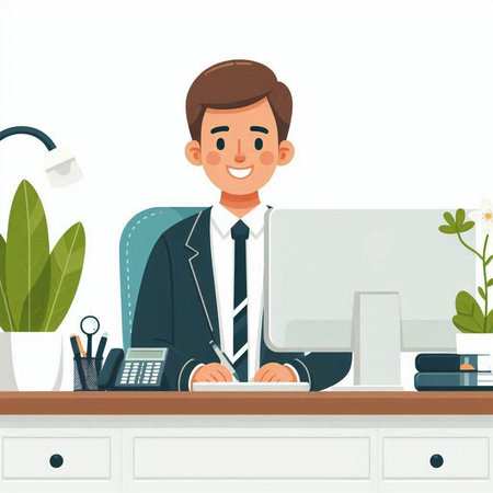 Businessman sitting at desk in office. Flat style vector illustration.のイラスト素材