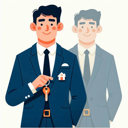 Real estate agent giving keys to a young man. Vector illustration.のイラスト素材