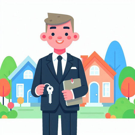 Real estate agent with keys in hand. Vector illustration in cartoon styleのイラスト素材
