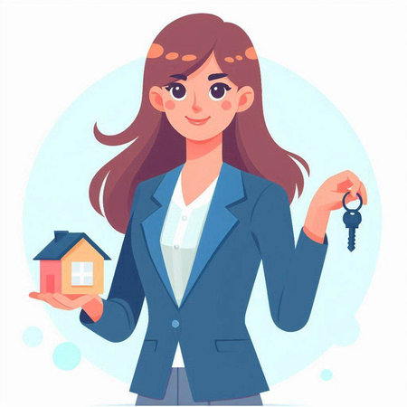 Real estate agent woman with house and keys. Vector illustration in cartoon styleのイラスト素材