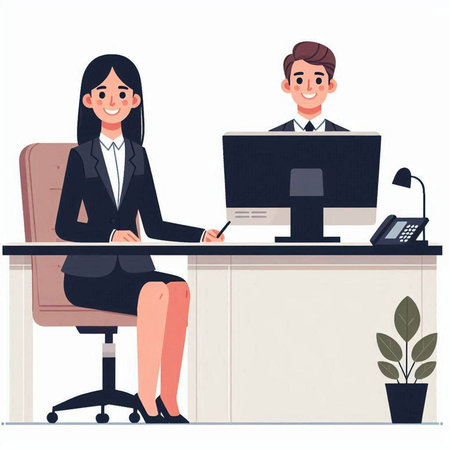 Businessman and businesswoman sitting at desk in office. Vector illustrationのイラスト素材