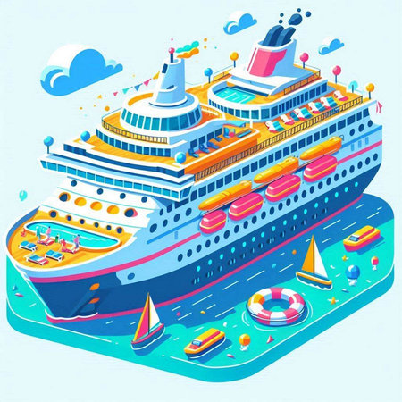 Vector illustration of a cruise ship in the sea. Colorful isometric illustration.のイラスト素材