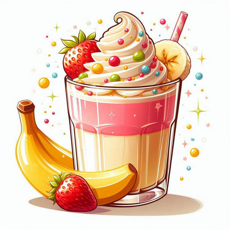 Illustration of a milkshake with strawberries, bananas and whipped creamのイラスト素材