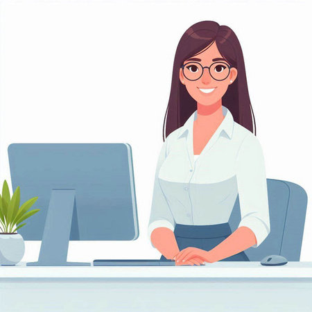 Vector illustration of a young businesswoman working at her desk in officeのイラスト素材