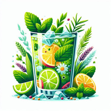 Cocktail with lime, lemon and mint. Vector illustration.のイラスト素材