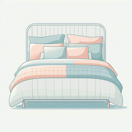 Illustration of a double bed with two pillows on a white backgroundのイラスト素材