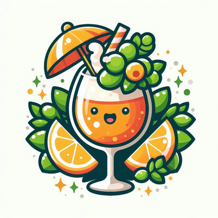 Cocktail with fruits. Funny cartoon character. Vector illustration.のイラスト素材