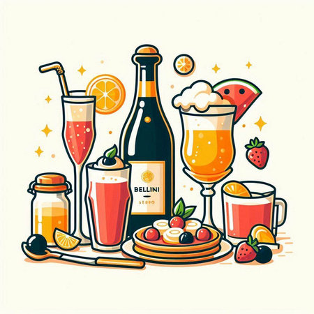 Vector illustration of a set of different drinks and cocktails on a light background.のイラスト素材