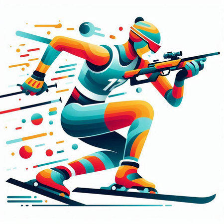 Vector illustration of skier with a gun on a background of colored stripesのイラスト素材