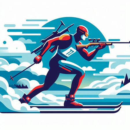 Illustration of a cross-country skier with a rifle.のイラスト素材