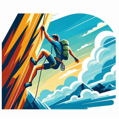 Rock climber reaching the top of a cliff. Vector illustration.のイラスト素材