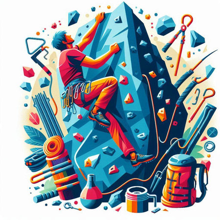 Vector illustration of a rock climber on a climbing wall with equipment.のイラスト素材