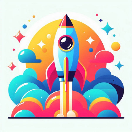 Rocket launch. Vector illustration in flat style. Colorful vector illustration.のイラスト素材