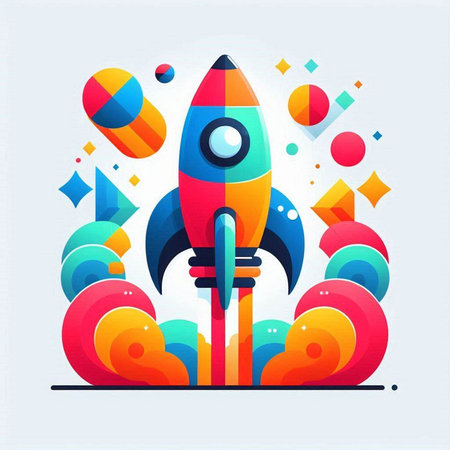 Space rocket with colorful geometric elements. Vector illustration in flat style.のイラスト素材