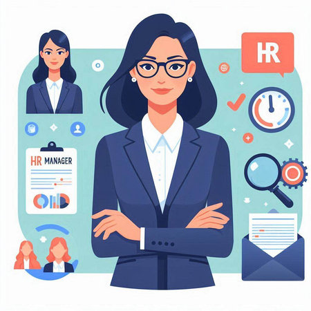 Business woman standing in front of her team, flat vector illustration.のイラスト素材