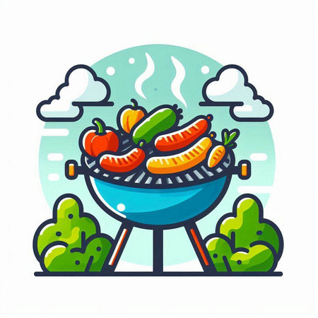 Barbecue grill with sausages and vegetables. Vector illustration.のイラスト素材