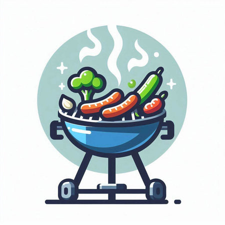 BBQ grill icon. Vector illustration of barbecue grill with vegetables.のイラスト素材
