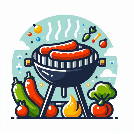 Barbecue grill with sausages and vegetables, vector illustration.のイラスト素材