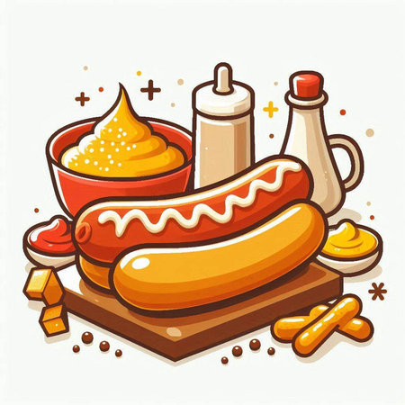 Vector illustration of hot dog with mustard and mayonnaise in bowlのイラスト素材