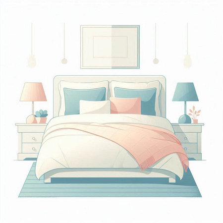 Bedroom interior. Vector illustration of bedroom with bed and lamp.のイラスト素材