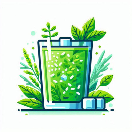 Green smoothie in glass with ice cubes and mint leaves. Vector illustration in flat style.のイラスト素材