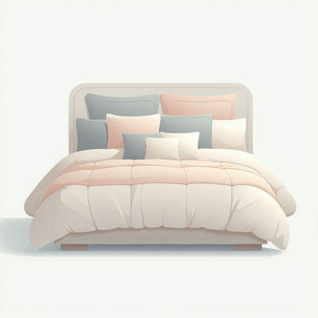 Illustration of a white bed with pillows on a white backgroundのイラスト素材