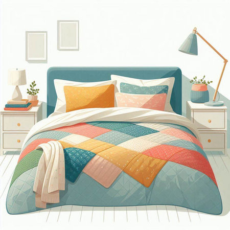 Illustration of a bedroom with a set of pillows on the bedのイラスト素材