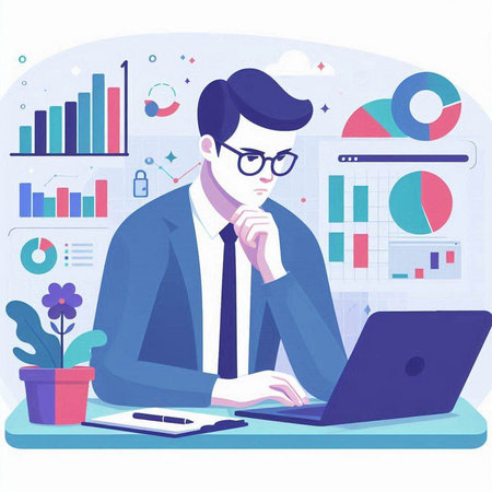 Businessman working with laptop. Vector illustration in a flat style.のイラスト素材