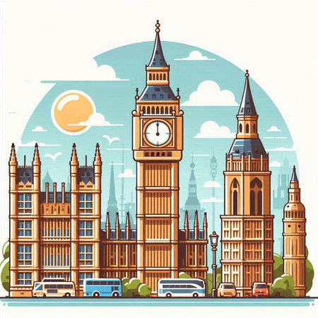 London, United Kingdom. Big Ben and Houses of Parliament. Vector illustrationのイラスト素材