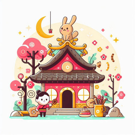 Cute cartoon chinese house with rabbit, moon and flowers.のイラスト素材