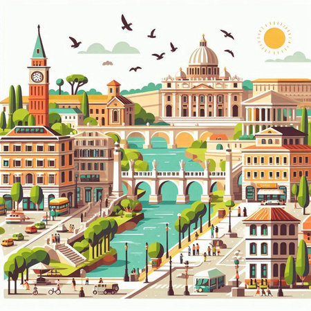 Panoramic view of the city of Rome, Italy. Vector illustrationのイラスト素材