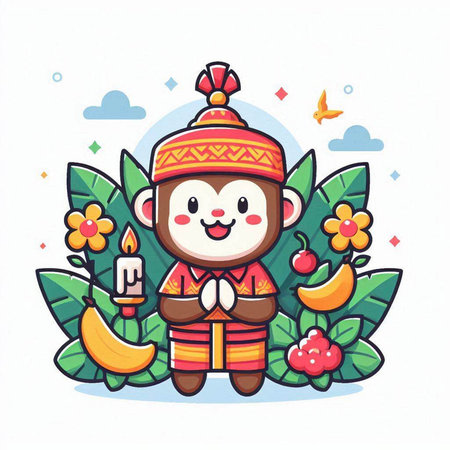 Cute monkey in traditional costume with fruits and flowers. Vector illustration.のイラスト素材