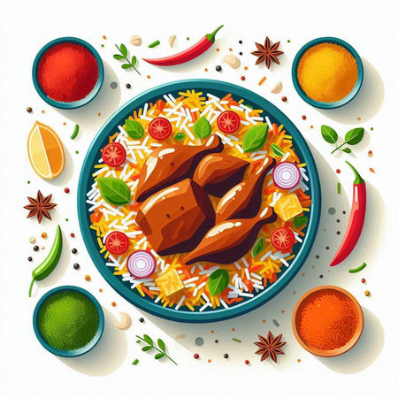Baked chicken with rice and vegetables. Top view. Vector illustration.のイラスト素材