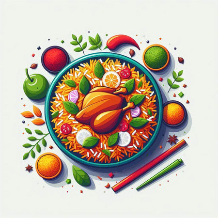 Illustration of pilau with chicken and vegetables on white background.のイラスト素材